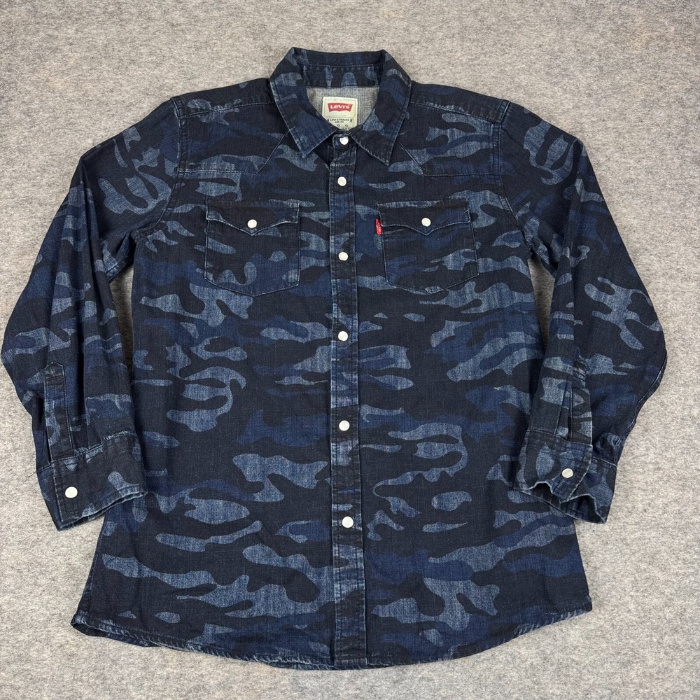 Levis Pearl Snap Denim Shirt Camouflage Camo Blue Boys Large L